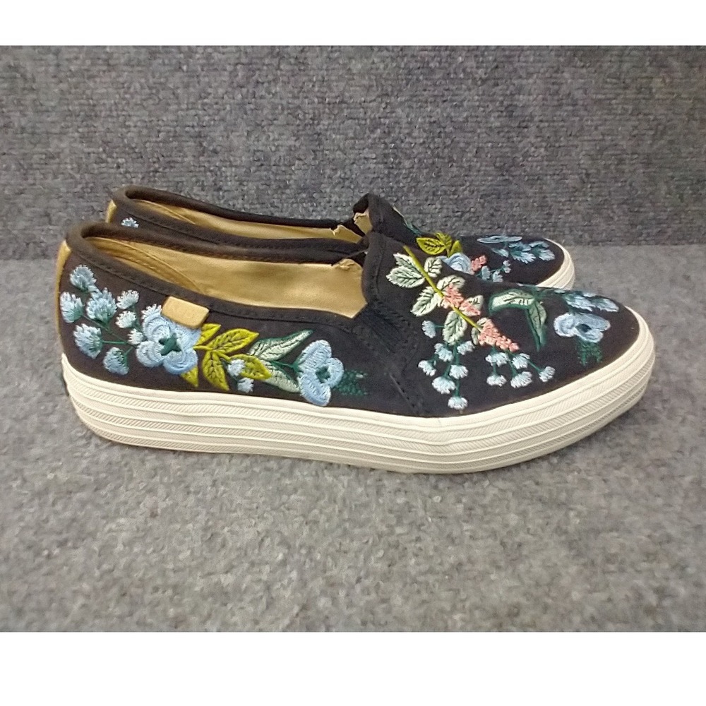 Keds Rifle Paper Co Slip On Sneakers Womens 7.5 Navy Blue Floral Embroidered
